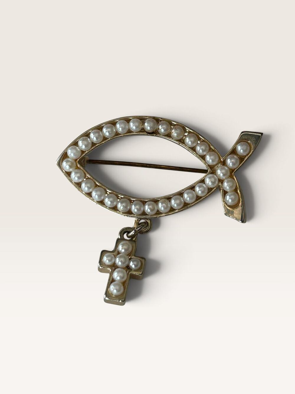 Vintage Silver Tone Ichthys Fish Brooch Faux Pearl Cross Charm